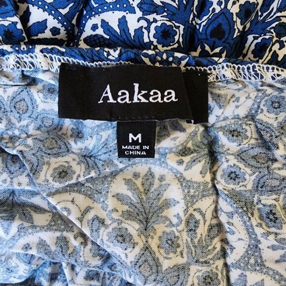 Aakaa Strapless Jumpsuit | Medium | Blue White Bohemian Wide Leg Cropped Pockets - Picture 9 of 9